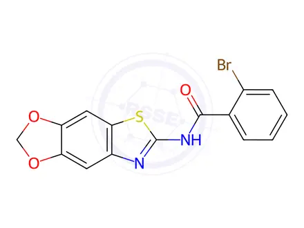 Chemical structure of N-([1,3]Dioxolo[4',5':4,5]benzo[1,2-d]thiazol-6-yl)-2-bromobenzamide