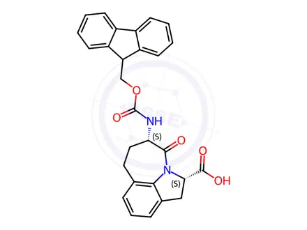 Chemical structure of (2S,5S)-Fmoc-5-amino-1,2,4,5,6,7-hexahydro-azepino [3,2,1-hi] indole-4-one-2-carboxylic acid
