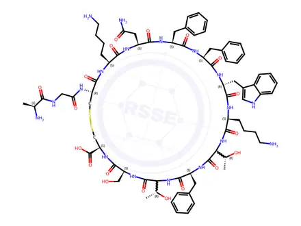 Chemical structure of (4S,7S,10S,13S,16S,19S,22R,25S,28S,31S,34S,37R)-22-((1H-Indol-3-yl)methyl)-31-(2-amino-2-oxoethyl)-19,34-bis(4-aminobutyl)-37-(2-((S)-2-aminopropanamido)acetamido)-13,25,28-tribenzyl-10,16-bis((R)-1-hydroxyethyl)-7-(hydroxymethyl)-6,9,12,15,18,21,24,27,30,33,36-undecaoxo-1,2-dithia-5,8,11,14,17,20,23,26,29,32,35-undecaazacyclooctatriacontane-4-carboxylic Acid