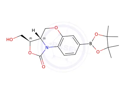 Chemical structure of (3R,3aS)-3a,4-Dihydro-3-(hydroxymethyl)-7-(4,4,5,5-tetramethyl-1,3,2-dioxaborolan-2-yl)-1H,3H-oxazolo[4,3-c][1,4]benzoxazin-1-one