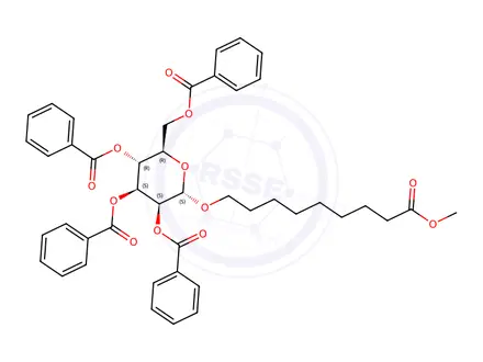 Chemical structure of Nonanoic acid, 9-(2,3,4,6-tetra-O-benzoyl-.alpha.-D-mannopyranosyl)oxy-, methyl ester