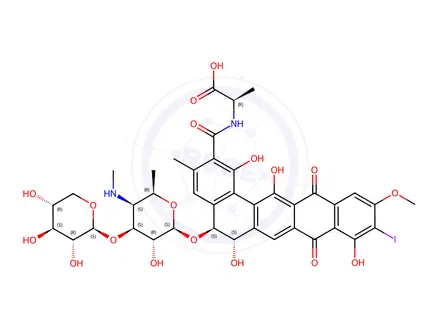 Chemical structure of D-Alanine, N-[[5-[[4,6-dideoxy-4-(methylamino)-3-O-.beta.-D-xylopyrano syl-.beta.-D-galactopyranosyl]oxy]-5,6,8,13-tetrahydro-1,6,9,14-tetrah ydroxy-10-iodo-11-methoxy-3-methyl-8,13-dioxobenzo[a]naphthacen-2-yl]c arbonyl]-, (5S-trans)-(9CI)