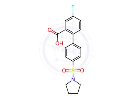 Chemical structure of 5-Fluoro-2-[4-(pyrrolidinylsulfonyl)phenyl]benzoic acid