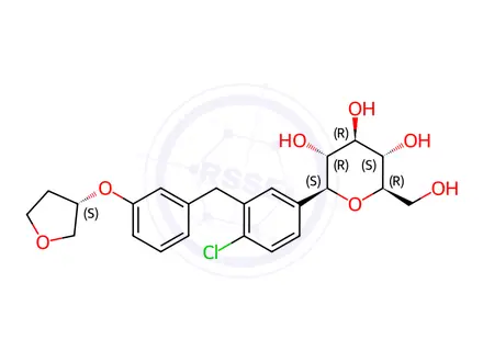 Chemical structure of D-Glucitol, 1,5-anhydro-1-C-[4-chloro-3-[[3-[[(3S)-tetrahydro-3-furanyl]oxy]phenyl]methyl]phenyl]-, (1S)-