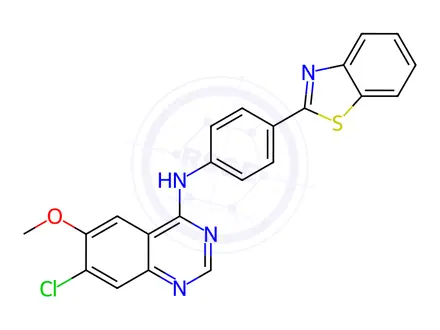 Chemical structure of N-(4-(Benzo[d]thiazol-2-yl)phenyl)-7-chloro-6-methoxyquinazolin-4-amine