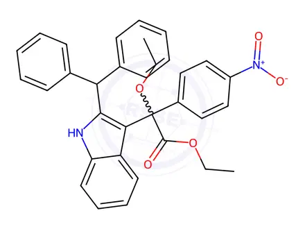 Chemical structure of Ethyl 2-(2-benzhydryl-1H-indol-3-yl)-2-ethoxy-2-(4-nitrophenyl)acetate
