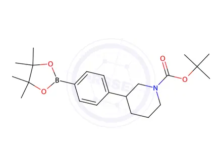 Chemical structure of tert-butyl 3-(4-(4,4,5,5-tetramethyl-1,3,2-dioxaborolan-2-yl)phenyl)piperidine-1-carboxylate