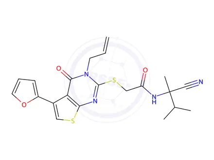 Chemical structure of 2-((3-Allyl-5-(furan-2-yl)-4-oxo-3,4-dihydrothieno[2,3-d]pyrimidin-2-yl)thio)-N-(2-cyano-3-methylbutan-2-yl)acetamide