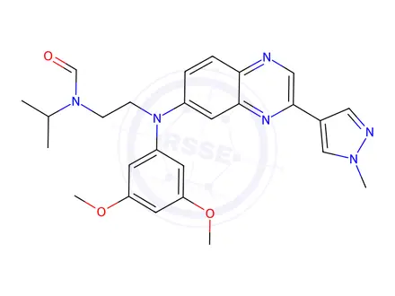 Chemical structure of N-(2-((3,5-dimethoxyphenyl)(3-(1-methyl-1H-pyrazol-4-yl)quinoxalin-6-yl)amino)ethyl)-N-isopropylformamide