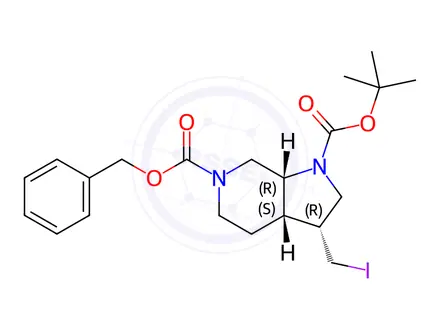 Chemical structure of O6-benzyl O1-tert-butyl rel-(3R,3aS,7aR)-3-(iodomethyl)-3,3a,4,5,7,7a-hexahydro-2H-pyrrolo[2,3-c]pyridine-1,6-dicarboxylate