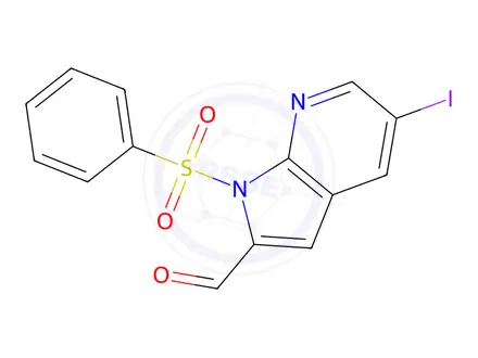 Chemical structure of 5-Iodo-1-(phenylsulfonyl)-1H-pyrrolo-[2,3-b]pyridine-2-carbaldehyde