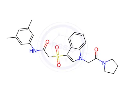 Chemical structure of N-(3,5-dimethylphenyl)-2-[1-(2-oxo-2-pyrrolidin-1-ylethyl)indol-3-yl]sulfonylacetamide