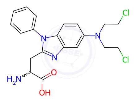 Chemical structure of 2-amino-3-[5-[bis(2-chloroethyl)amino]-1-phenyl-benzoimidazol-2-yl]pro panoic acid