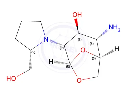 Chemical structure of (1S,2S,3S,4R,5R)-2-amino-4-((S)-2-(hydroxymethyl)pyrrolidin-1-yl)-6,8-dioxabicyclo[3.2.1]octan-3-ol