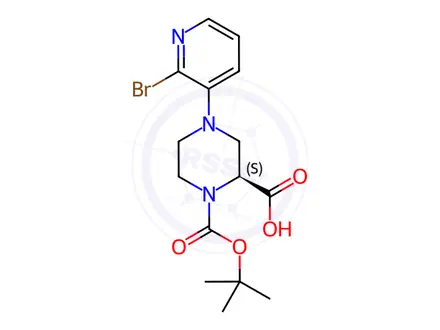 Chemical structure of (S)-4-(2-Bromopyridin-3-yl)-1-(tert-butoxycarbonyl)-piperazine-2-carboxylic acid