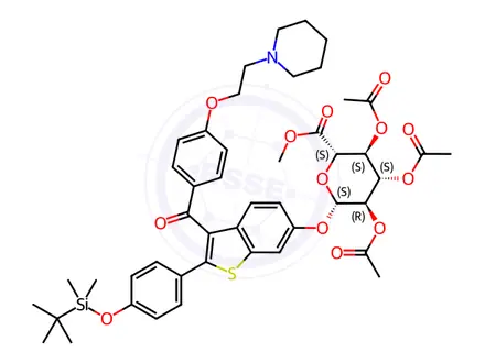 Chemical structure of Methyl-1-(4’-tert-butyldimethylsylyl-6-hydroxyraloxifene)-2,3,4-tri-O-acetyl-β-D-glycopyranuronate