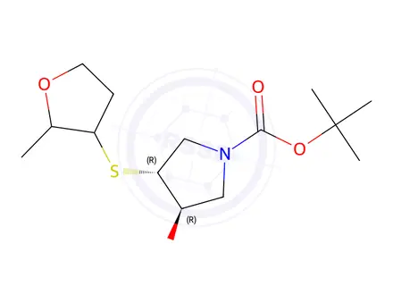 Chemical structure of tert-butyl (3r,4r)-3-hydroxy-4-[(2-methyloxolan-3-yl)sulfanyl]pyrrolidine-1-carboxylate