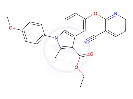 Chemical structure of 5-(3-Cyano-pyridin-2-yloxy)-1-(4-methoxy-phenyl)-2-methyl-1H-indole-3-carboxylic acid ethyl ester