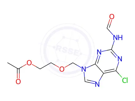 Chemical structure of Acetyl 2-[(2-Formamide-1,6-dihydro-6-chloro-9H-purin-9yl)methoxy]ethyl Ester