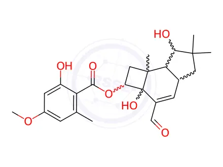 Chemical structure of Benzoic acid, 2-hydroxy-4-methoxy-6-methyl-, (2R,2aS,4aS,7R,7aS,7bR)-3-formyl-2,2a,4a,5,6,7,7a,7b-octahydro-2a,7-dihydroxy-6,6,7b-trimethyl-1H-cyclobut[e]inden-2-yl ester