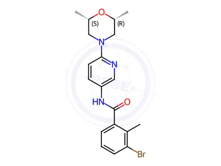 Chemical structure of 3-broMo-N-{6-[(2R,6S)-2,6-diMethyl-1,4-oxazinan-4-yl]-3-pyridinyl}-2-MethylbenzenecarboxaMide