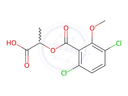 Chemical structure of Benzoic acid, 3,6-dichloro-2-methoxy-, 1-carboxyethyl ester