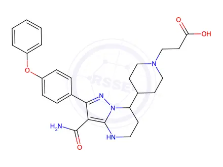 Chemical structure of 3-(4-(3-carbamoyl-2-(4-phenoxyphenyl)-4,5,6,7-tetrahydropyrazolo[1,5-a] pyrimidin-7-yl)piperidin-1-yl)propanoic acid