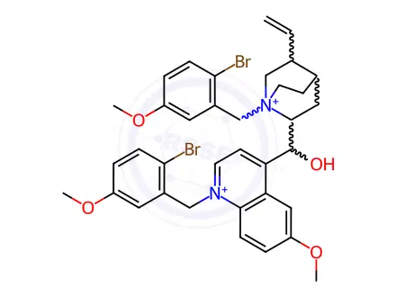 Chemical structure of (1S,2R,4S,5R)-1-(2-Bromo-5-methoxybenzyl)-2-((S)-(1-(2-bromo-5-methoxybenzyl)-6-methoxyquinolin-1-ium-4-yl)(hydroxy)methyl)-5-vinylquinuclidin-1-ium Bromide