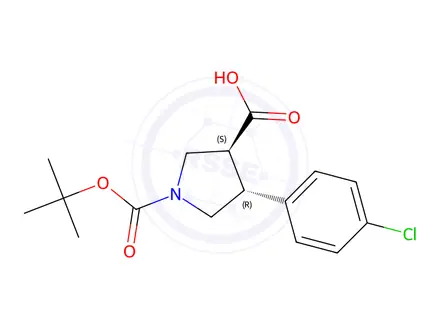 Chemical structure of trans-1-(tert-Butoxycarbonyl)-4-(4-chlorophenyl)-pyrrolidine-3-carboxylic acid