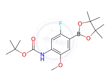 Chemical structure of Carbamic acid, [5-fluoro-2-methoxy-4-(4,4,5,5-tetramethyl-1,3,2-dioxaborolan-2-yl)phenyl]-, 1,1-dimethylethyl ester (9CI)