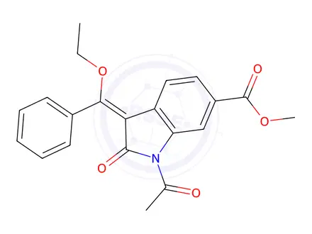 Chemical structure of 1-Acetyl-3-(ethoxyphenylmethylene)-2,3-dihydro-2-oxo-1H-indole-6-carboxylic acid methyl ester