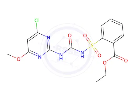 Chemical structure of 2-(N-((4-Chloro-6-methoxypyrimidin-2-yl)carbamoyl)sulfamoyl)ethyl benzoate