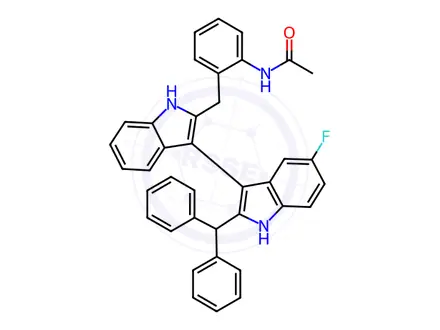 Chemical structure of N-(2-((2'-Benzhydryl-5'-fluoro-1H,1'H-[3,3'-biindol]-2-yl)methyl)phenyl)acetamide
