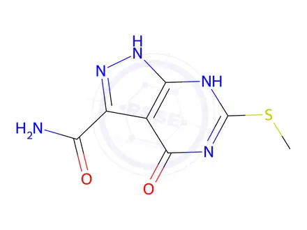 Chemical structure of 6-(methylsulfanyl)-4-oxo-1H,4H,7H-pyrazolo[3,4-d]pyrimidine-3-carboxamide