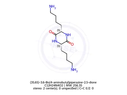 Chemical structure of (3S,6S)-3,6-Bis(4-aminobutyl)piperazine-2,5-dione