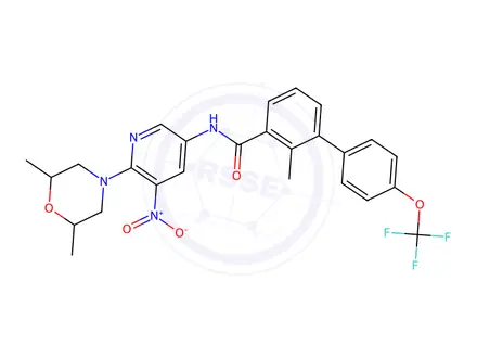Chemical structure of N-(6-(2,6-dimethylmorpholino)-5-nitropyridin-3-yl)-2-methyl-4'-(trifluoromethoxy)-[1,1'-biphenyl]-3-carboxamide