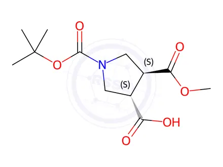 Chemical structure of (3S,4S)-1-(tert-butoxycarbonyl)-4-(methoxycarbonyl)pyrrolidine-3-carboxylic acid