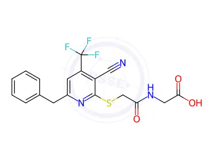 Chemical structure of 2-[(2-{[6-benzyl-3-cyano-4-(trifluoromethyl)-2-pyridinyl]sulfanyl}acetyl)amino]acetic acid