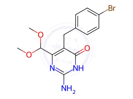 Chemical structure of 2-Amino-5-(4-bromobenzyl)-6-(dimethoxymethyl)pyrimidin-4(3H)-one