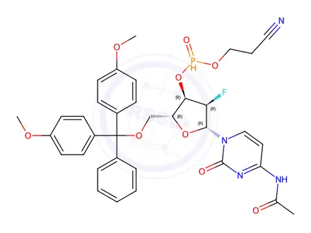 Chemical structure of (2R,3R,4R,5R)-5-(4-acetamido-2-oxopyrimidin-1(2H)-yl)-2-((bis(4-methoxyphenyl)(phenyl)methoxy)methyl)-4-fluorotetrahydrofuran-3-yl (2-cyanoethyl) phosphonate