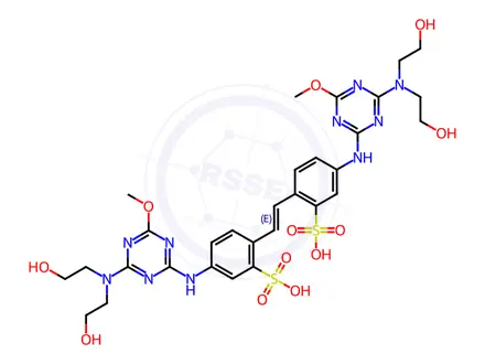 Chemical structure of Benzenesulfonic acid, 2,2'-(1,2-ethenediyl)bis[5-[[4-[bis(2-hydroxyethyl)amino]-6-methoxy-1,3,5-triazin-2-yl]amino]-, compd. with 2,2'-iminobis[ethanol] and 2,2',2''-[nitrilotris(2,1-ethanediyloxy)]tris[ethanol]
