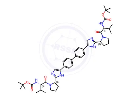 Chemical structure of tert-Butyl (2S,2'S)-1,1'-((2S,2'S)-2,2'-(4,4'-(biphenyl-4,4'-diyl)bis(1H-imidazole-4,2-diyl))bis(pyrrolidine-2,1-diyl))bis(3-methyl-1-oxobutane-2,1-diyl)dicarbamate