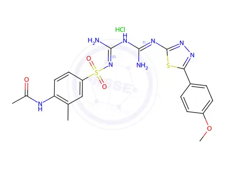 Chemical structure of Acetamide, N-(4-(((imino((imino((5-(4-methoxyphenyl)-1,3,4-thiadiazol-2-yl)amino)methyl)amino)methyl)amino)sulfonyl)-2-methylphenyl)-, monoh ydrochloride