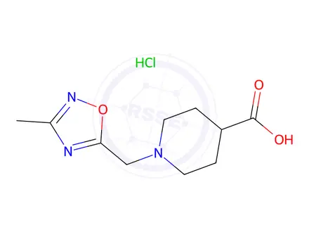Chemical structure of 1-((3-Methyl-1,2,4-oxadiazol-5-yl)methyl)piperidine-4-carboxylic acid hydrochloride