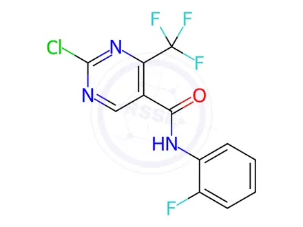 Chemical structure of N5-(2-fluorophenyl)-2-chloro-4-(trifluoromethyl)pyrimidine-5-carboxamide
