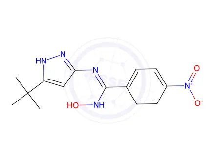 Chemical structure of N-Hydroxy-N'-[5-(2-methyl-2-propanyl)-1H-pyrazol-3-yl]-4-nitroben zenecarboximidamide