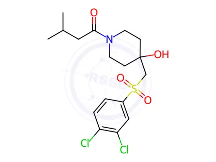 Chemical structure of 1-(4-{[(3,4-dichlorophenyl)sulfonyl]methyl}-4-hydroxypiperidino)-3-methyl-1-butanone