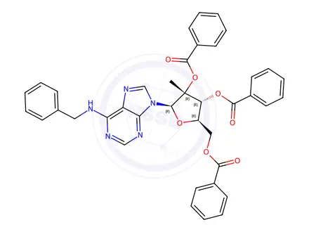Chemical structure of 2',3',5'-Tri-O-benzoyl-N6-benzyl-2'-C-methyladenosine