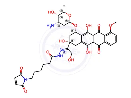 Chemical structure of N-[(E)-[1-[(2S,4S)-4-[(2R,4S,5S,6S)-4-Amino-5-hydroxy-6-methyloxan-2-yl]oxy-2,5,12-trihydroxy-7-methoxy-6,11-dioxo-3,4-dihydro-1H-tetracen-2-yl]-2-hydroxyethylidene]amino]-6-(2,5-dioxopyrrol-1-yl)hexanamide