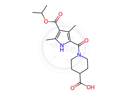 Chemical structure of 1-{[4-(Isopropoxycarbonyl)-3,5-dimethyl-1H-pyrrol-2-yl]carbonyl}piperidine-4-carboxylic acid